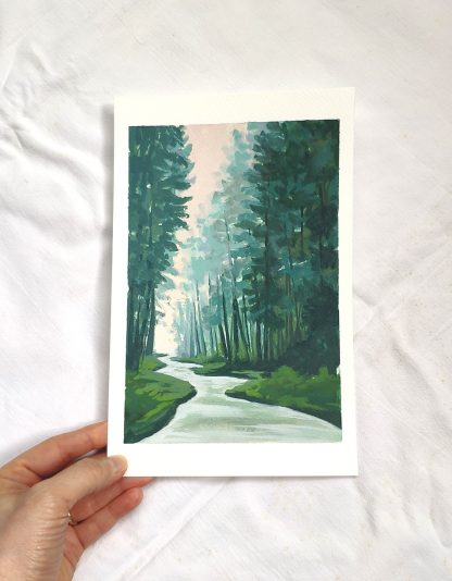 Entourée par les pins, paysage à la gouache de Vanessa Lim