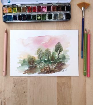 Enchanted woods n°3, paysage à l'aquarelle de Vanessa Lim