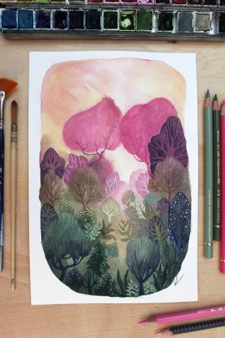 Enchanted woods n°10, paysage à l'aquarelle de Vanessa Lim