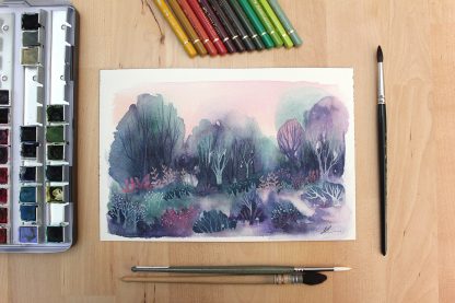 Peinture de Paysage coloré, forêt à l’aquarelle, art esthétique, illustration de paysage aquarelle, art fantaisiste, idée déco tableau